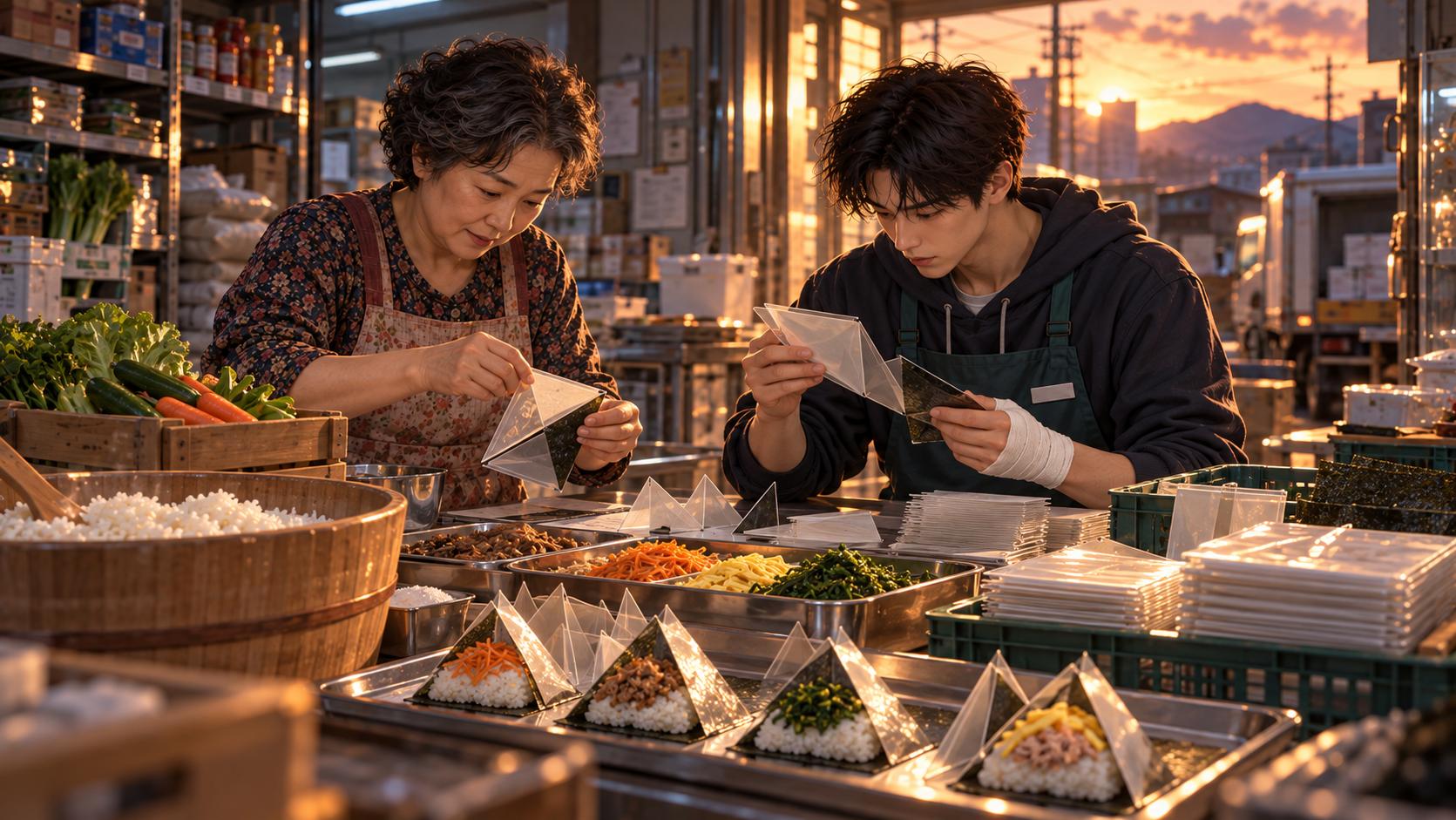 26화 새로 접는 삼각김밥 장면을 그린 AI 삽화