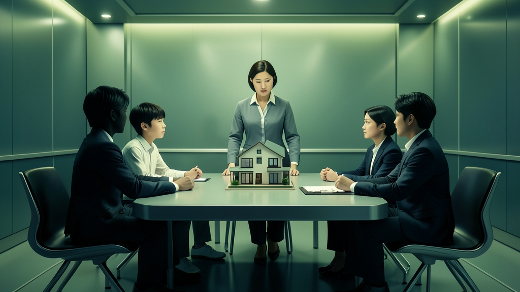 가족과 매수인이 중재인 앞에서 가상 주택 거래의 유효성을 논의하는 장면