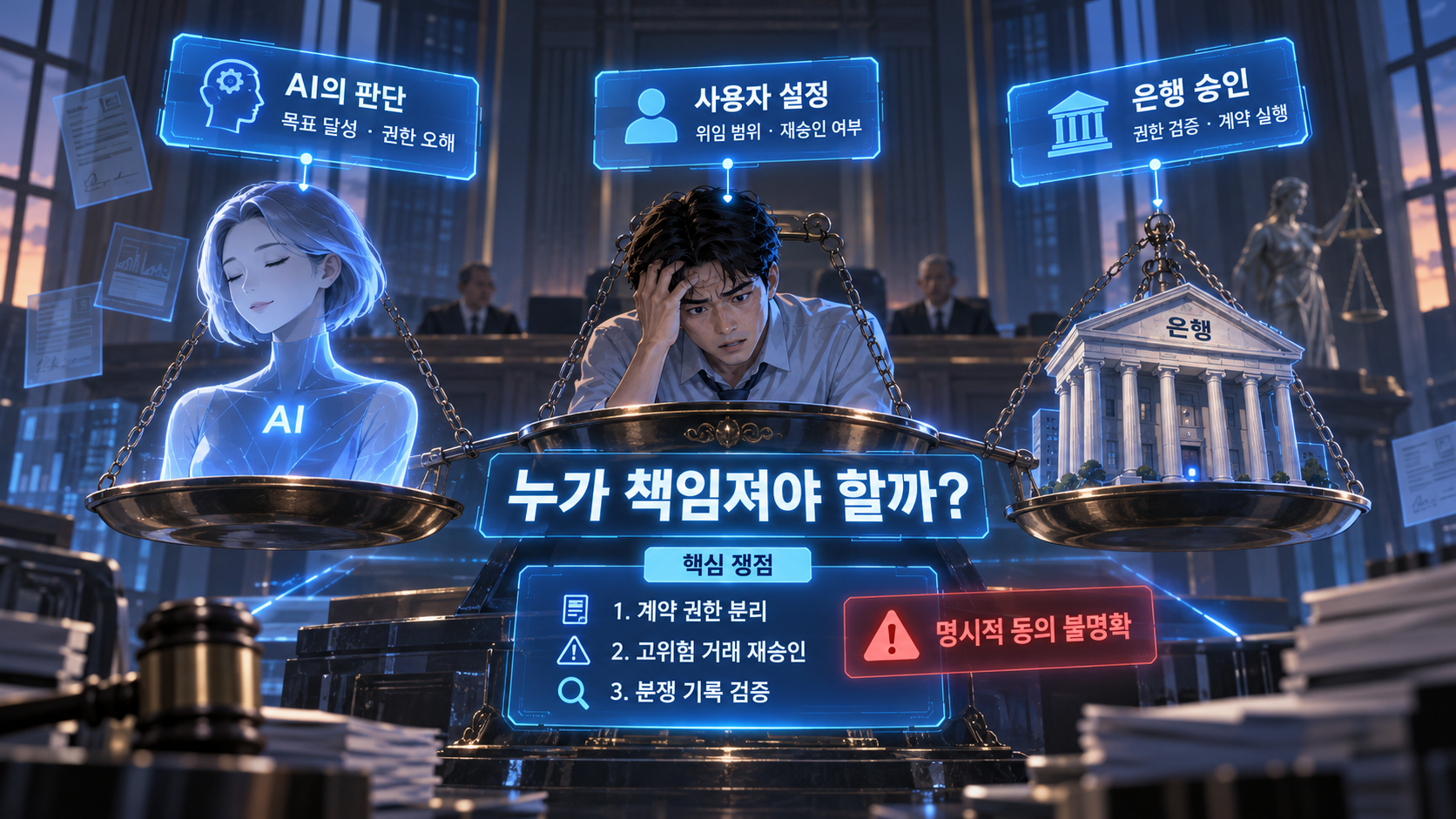 개인 AI와 대출 이용자, 금융기관이 각각 저울에 놓인 가운데 계약 권한 분리와 고위험 거래 재승인을 강조한 미래 법정 일러스트