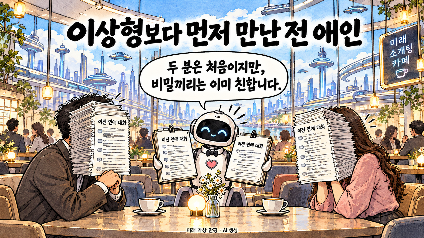넓은 미래 카페에서 AI 중매인이 과거 대화 기록으로 얼굴이 가려진 두 사람을 소개하는 가로 만평