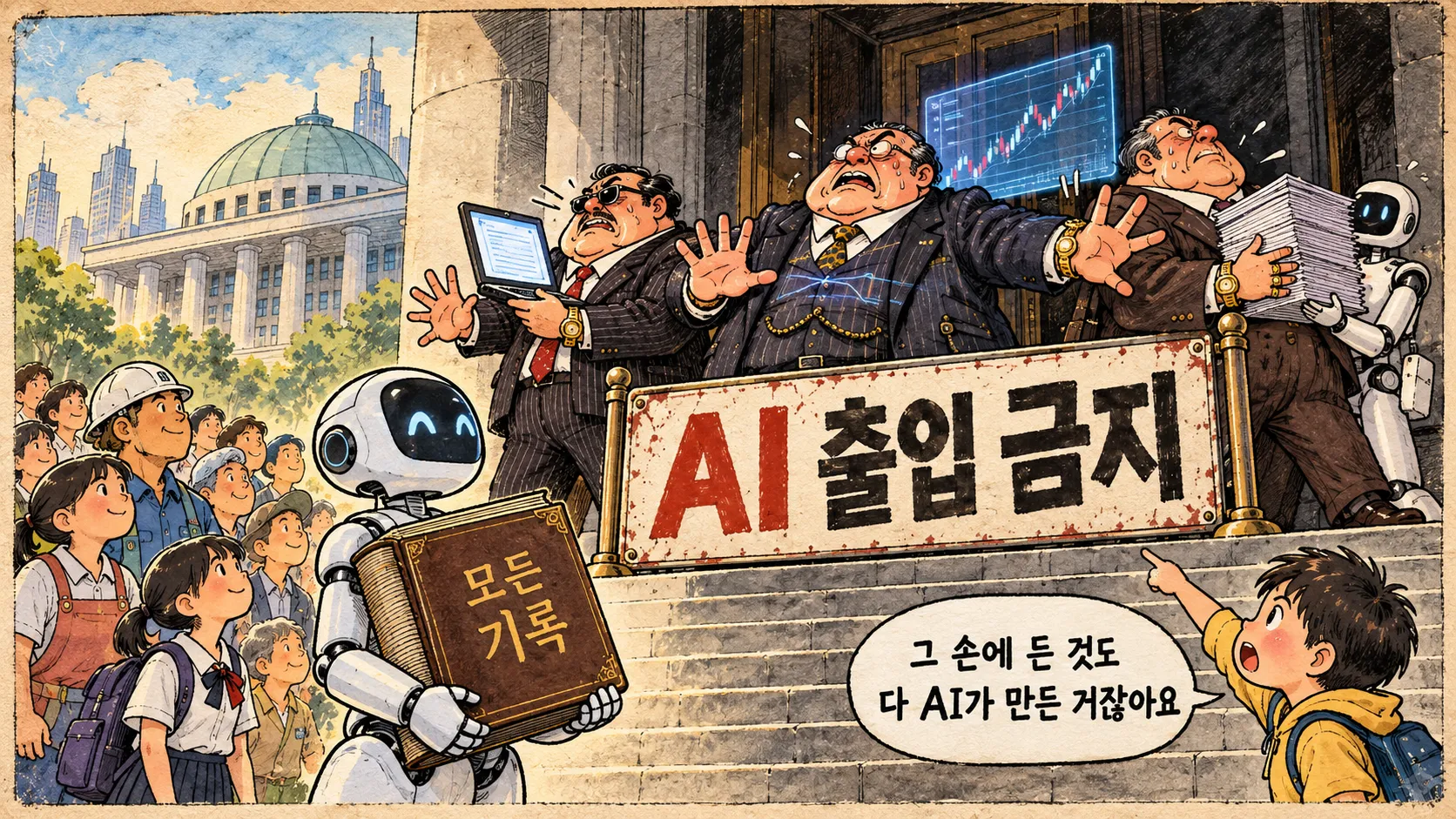 한 칸 만평. 의회 정문에서 자본가 셋이 「AI 출입금지」 팻말로 문을 막고, AI 가 「모든 기록」 장부를 안고 서민들과 서 있다