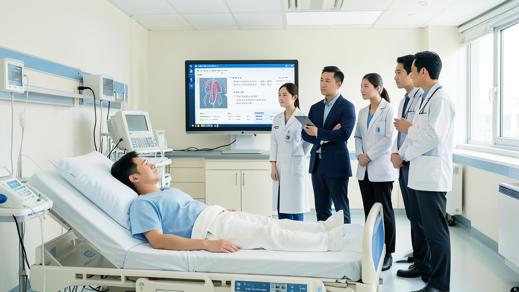환자에게 적용할 긴급 치료를 두고 의료진이 AI 권고를 검토하는 미래 병실