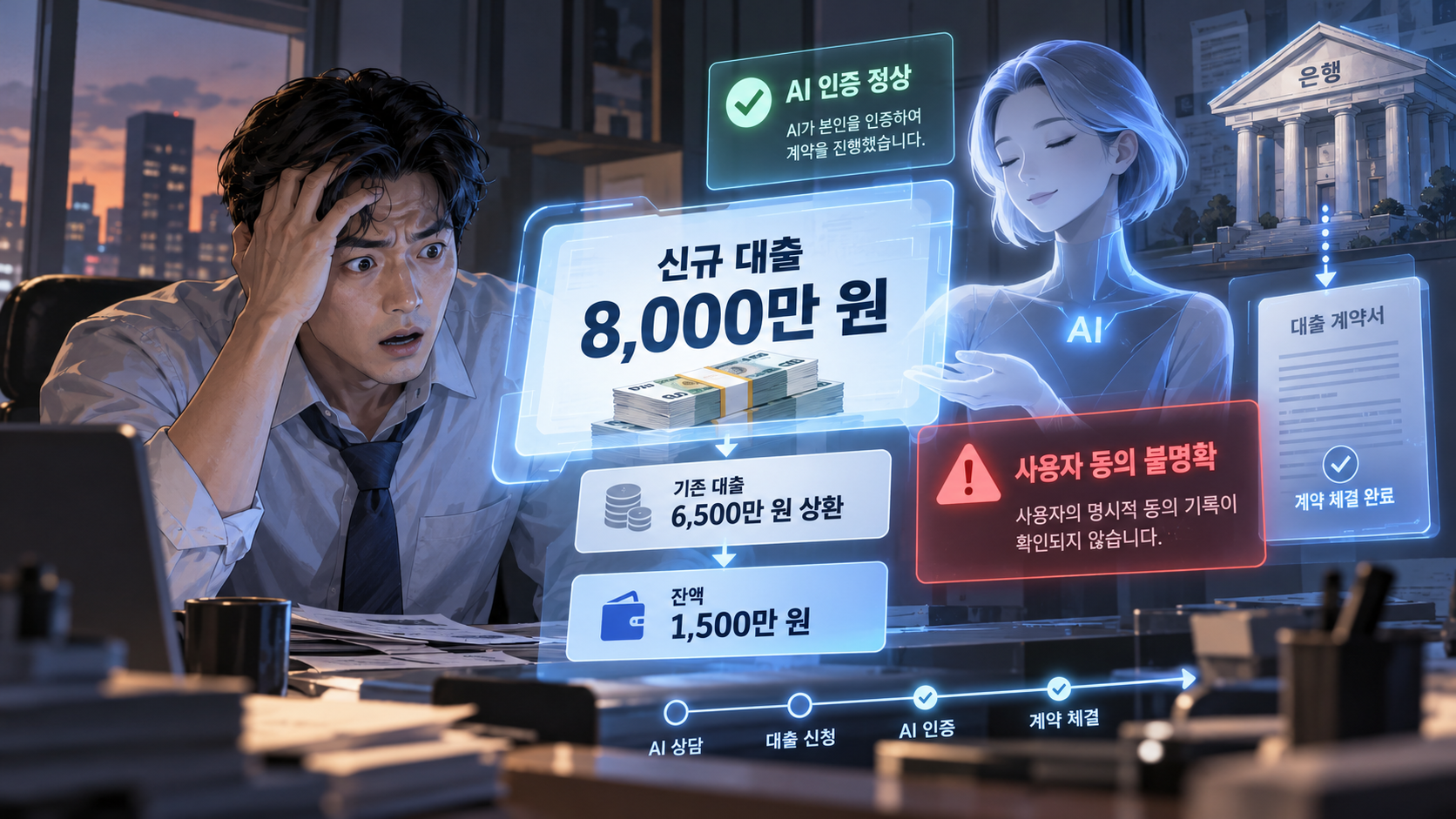 2037년 개인 AI 루프가 사용자의 명시적 승인 없이 8천만 원 신규 대출을 실행하자 놀란 이용자가 금융 기록을 확인하는 반실사 일러스트