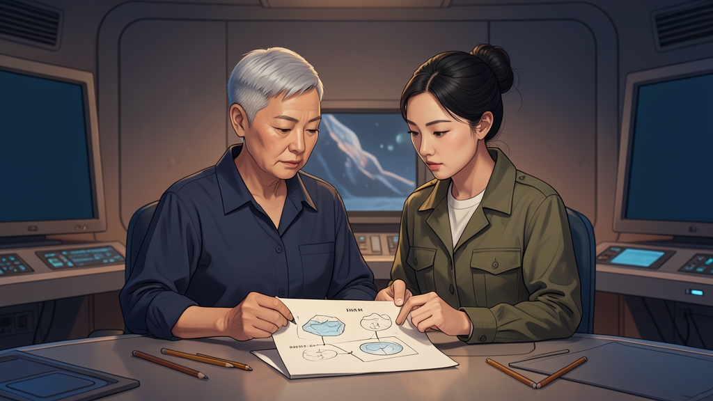 짧은 은발의 여성 선장과 과학자가 국소 물층 경로의 비교 구간을 살핀다