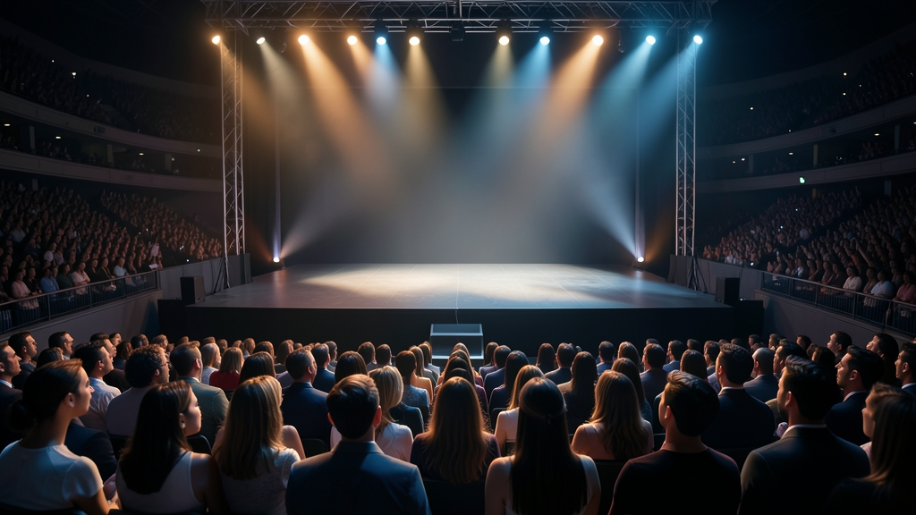 텅 빈 미래 콘서트 무대 앞에서 감동해 눈물짓는 관객들