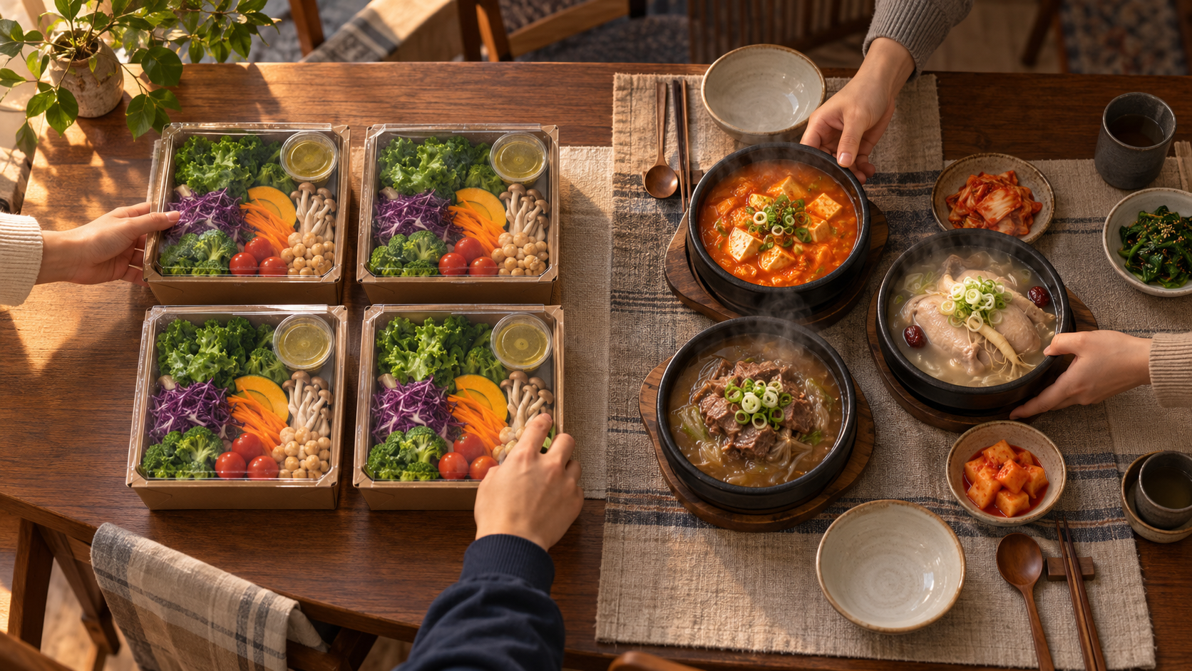 자동 구매 재료와 가족이 함께 고른 저녁을 대비한 가상 장면.