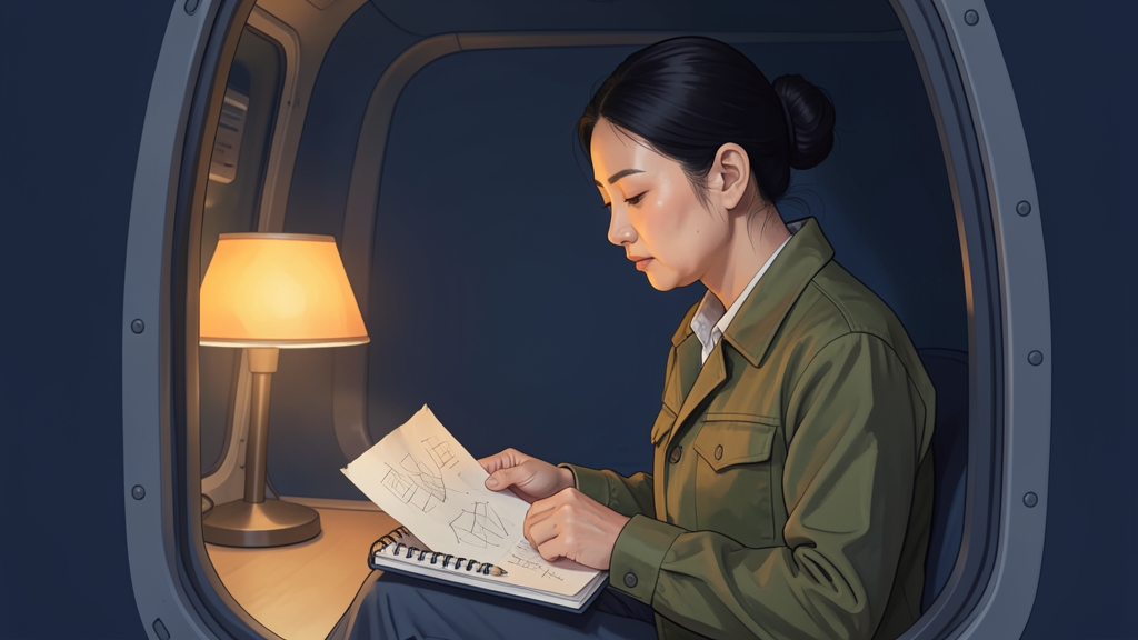 올리브색 작업복의 과학자가 닳은 계획 종이를 접어 수첩 뒤에 넣는다