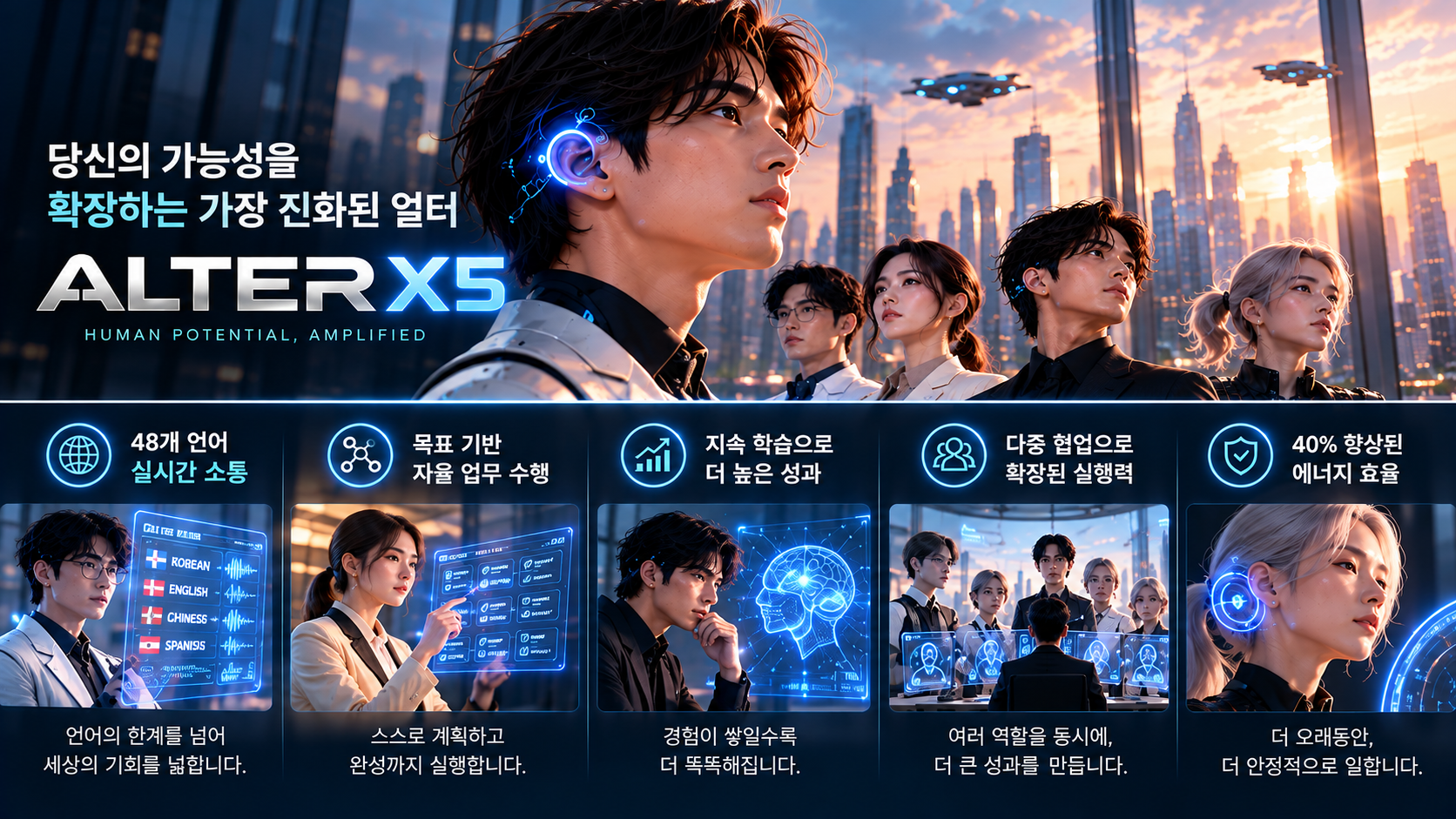왼쪽 구형 휴머노이드와 오른쪽 최신형 얼터의 기술 발전을 비교한 장면